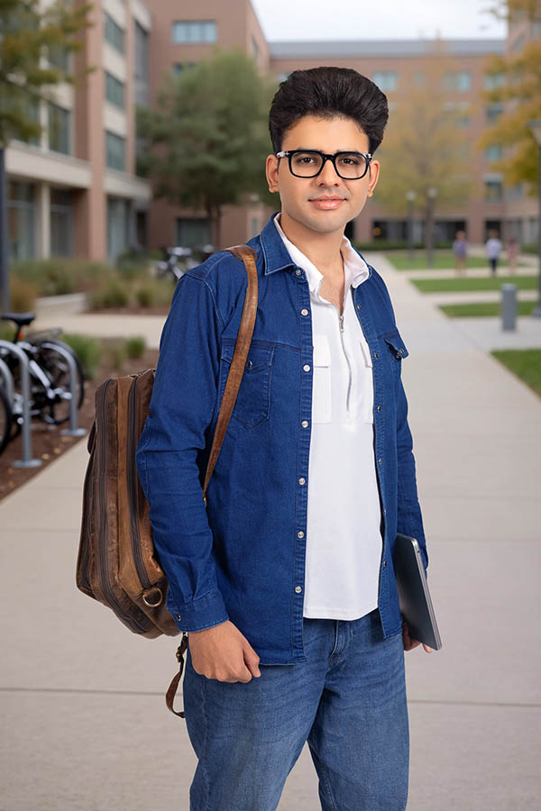 Young Indian college student posing outdoors on campus