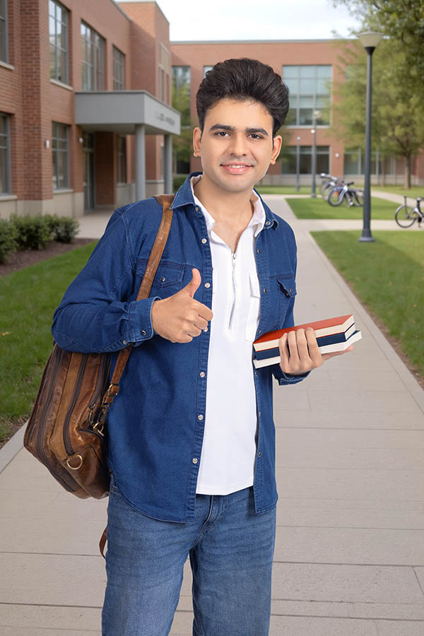 Indian college student showing thumbs up while holding books