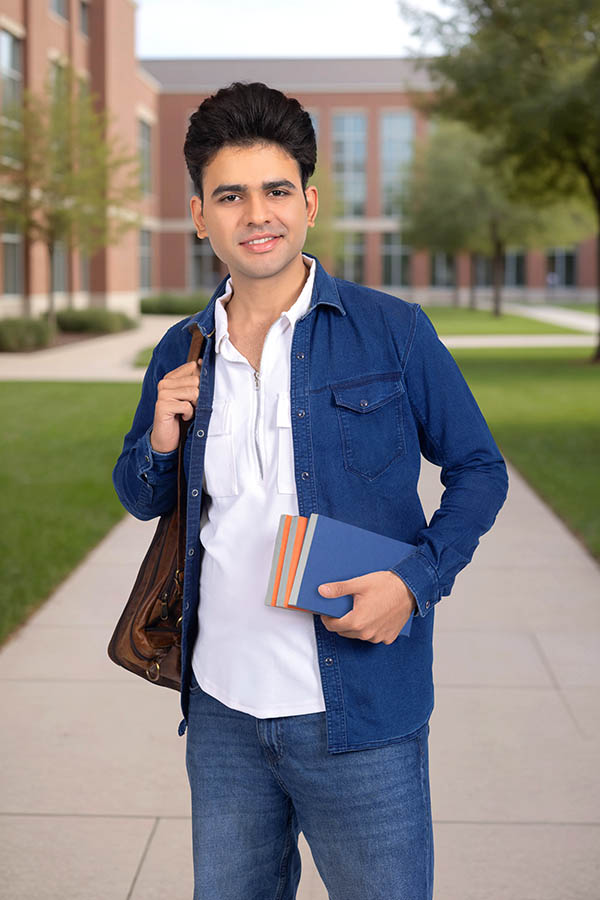 Young Indian student carrying books and backpack outdoors