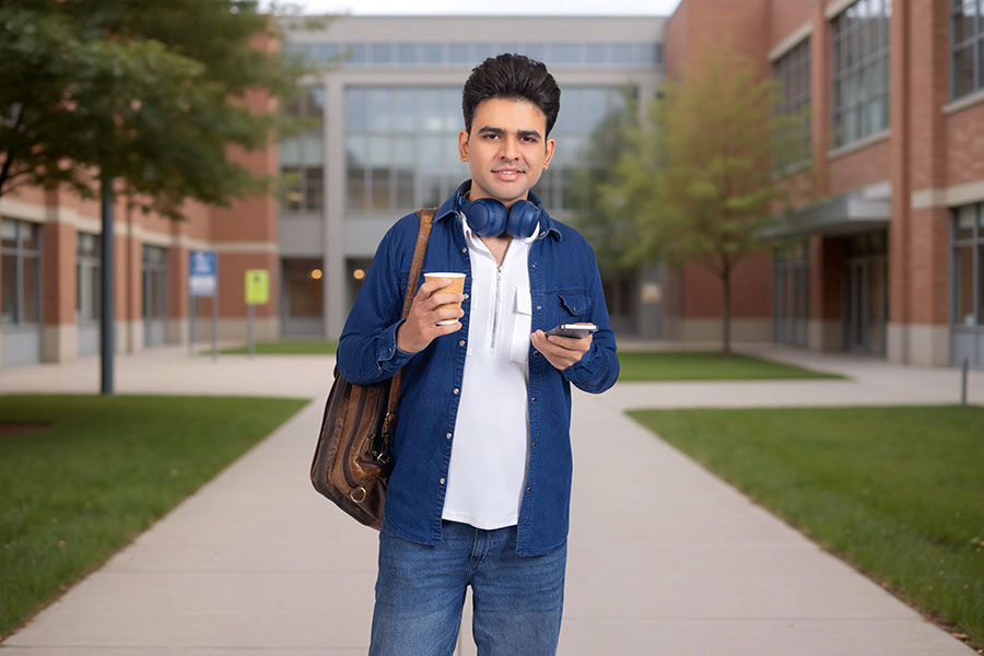 Young Indian student using smartphone while standing on campus