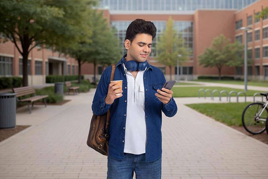 Indian college student checking mobile phone on campus walkway