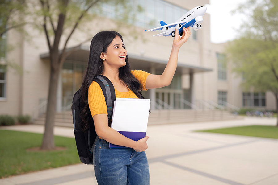 Young Indian teenage girl holding toy airplane and books outdoors