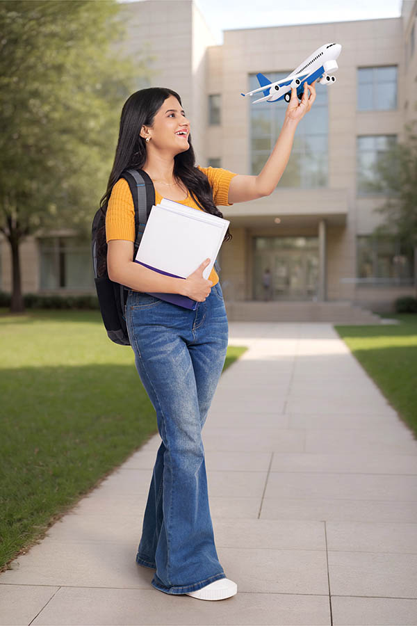Indian teenage girl walking on campus with toy airplane and books