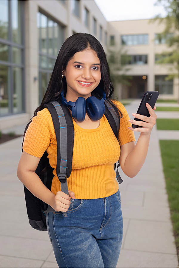 Indian teenage girl using smartphone with headphones outdoors
