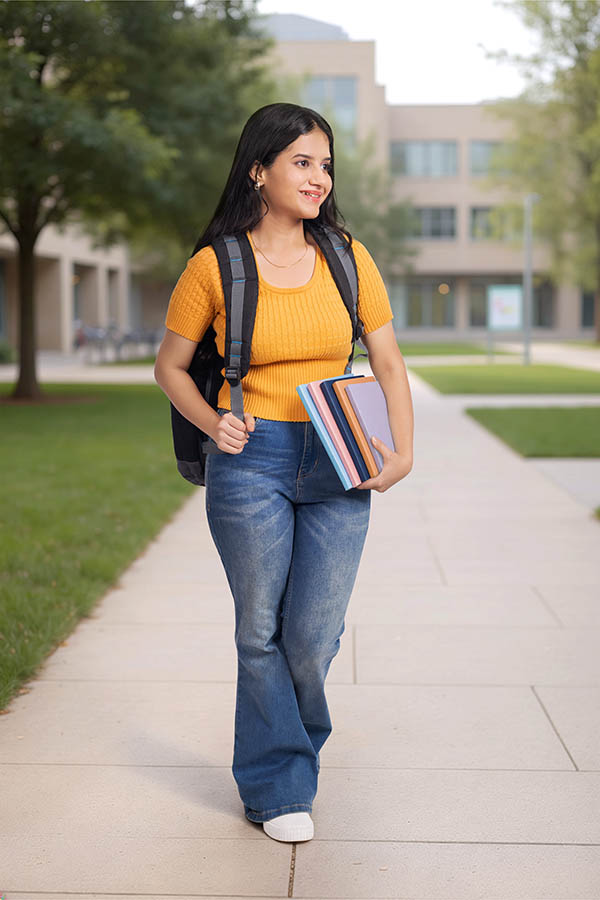 Young Indian college student walking outdoors with books and backpack