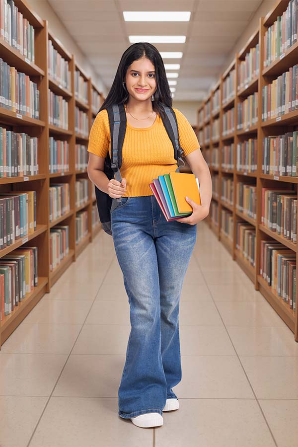 Indian college student walking in library with books and backpack