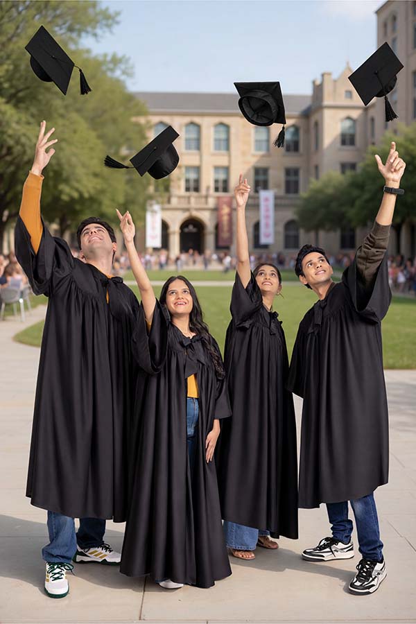 Indian graduate students throwing caps in air during convocation celebration