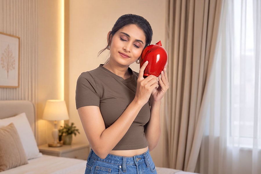 Young woman hugging piggy bank symbolizing savings and financial security