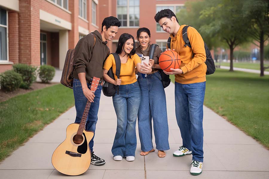 Indian college friends looking at smartphone on university campus