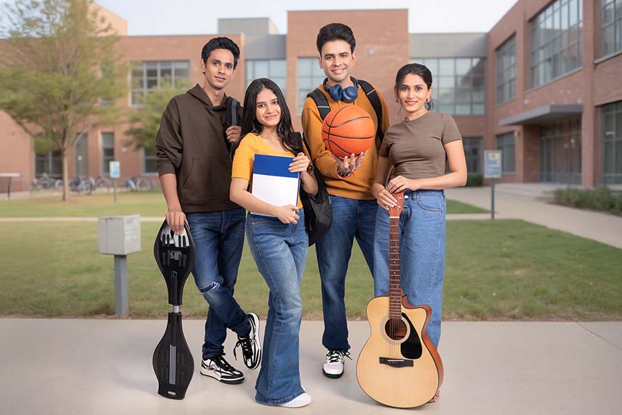 Diverse Indian college students showcasing talents on university campus