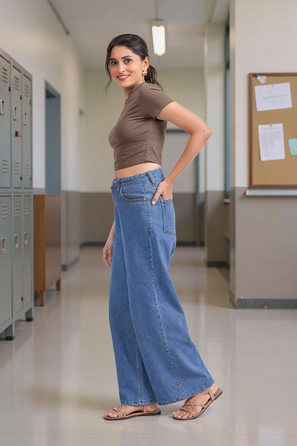 Young Indian female student standing confidently in college hallway