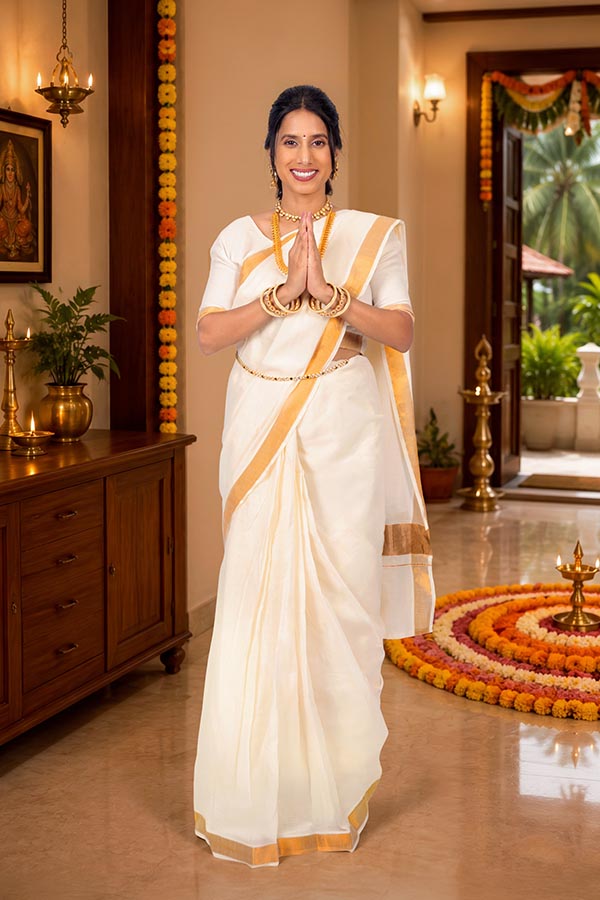 Indian woman greeting with namaste during Onam festival celebration
