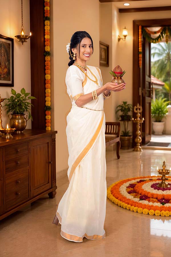 Indian woman holding traditional kalash during Onam celebration