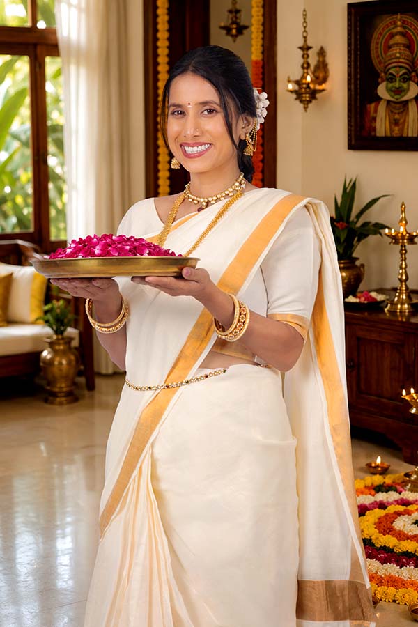 Indian woman holding brass platter filled with rose petals during Onam