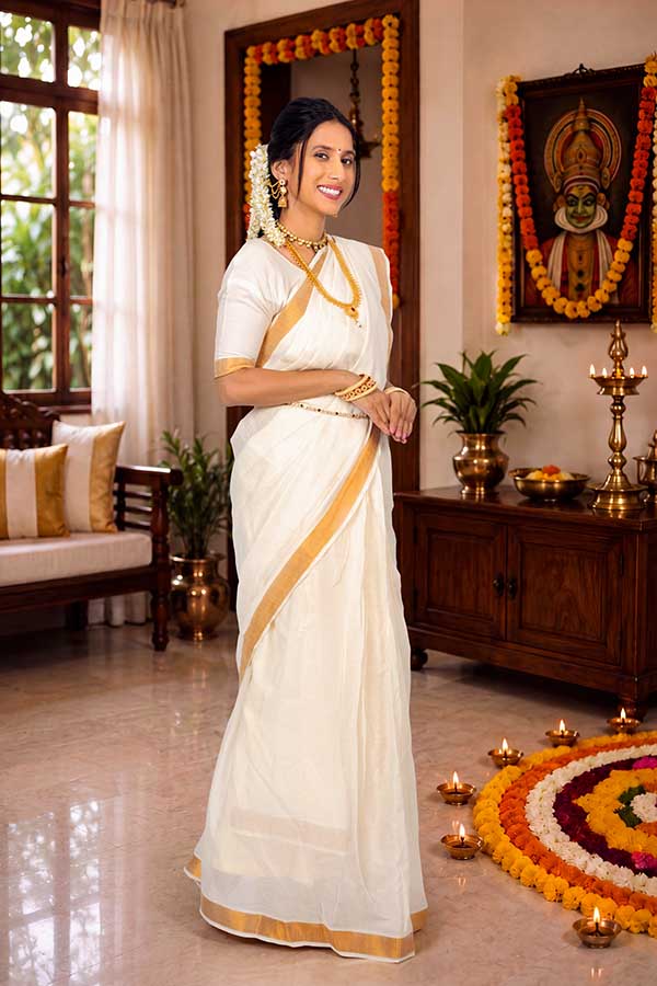 Elegant Indian woman posing in traditional Kerala saree during Onam festival