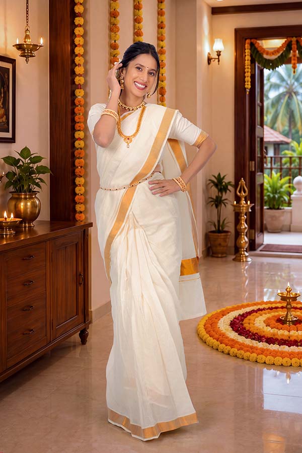 Stylish Indian woman posing confidently in Kerala saree during Onam