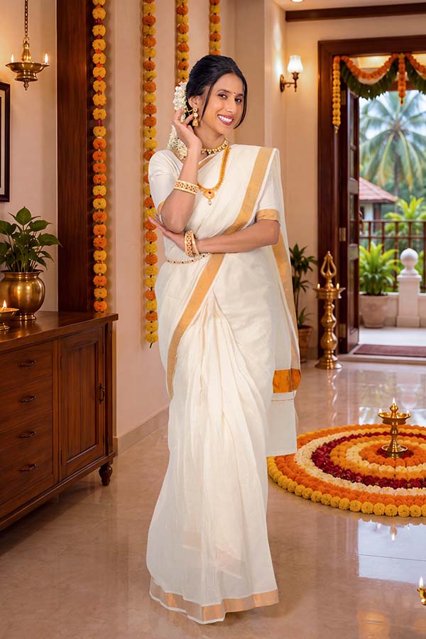 Elegant Indian woman smiling in traditional Kerala festive attire