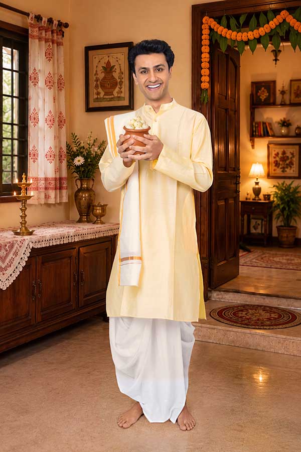 Indian man holding traditional sweets during Durga Puja celebration at home