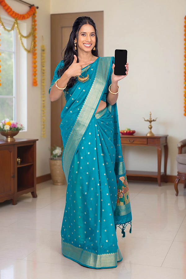 Indian woman showing smartphone screen with approval gesture