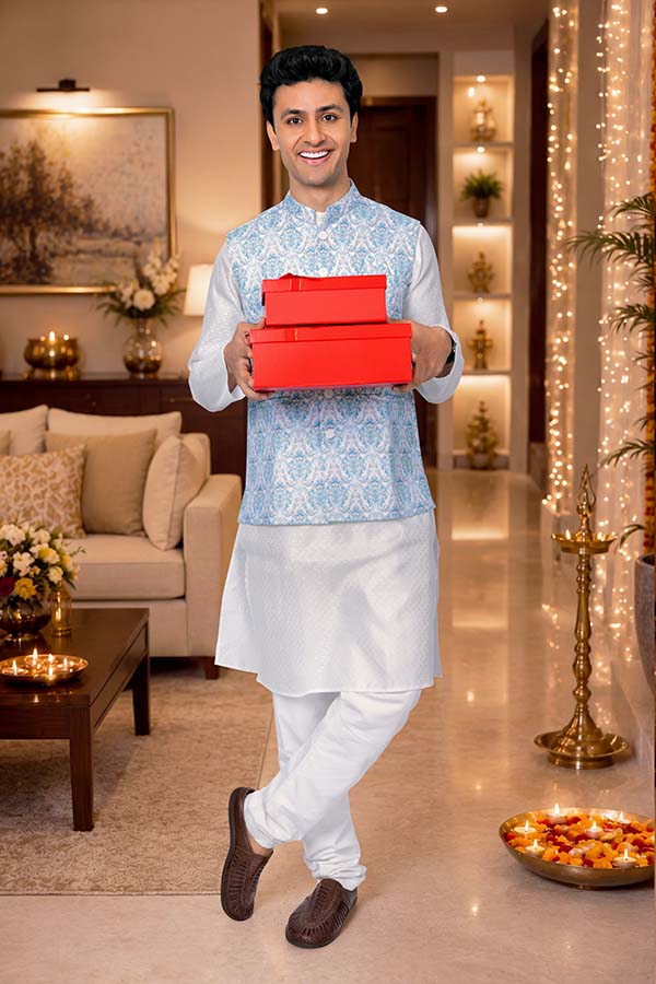 Young Indian man holding festive gift boxes during Diwali celebration