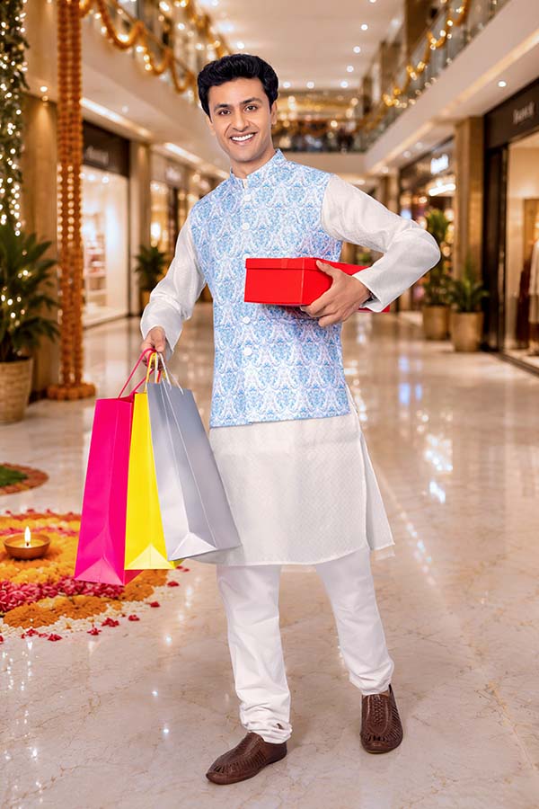 Indian shopper holding festive gift box and shopping bags in mall