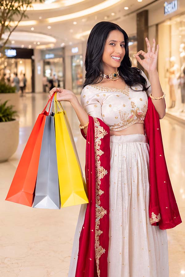 Indian woman showing approval gesture after successful festive shopping