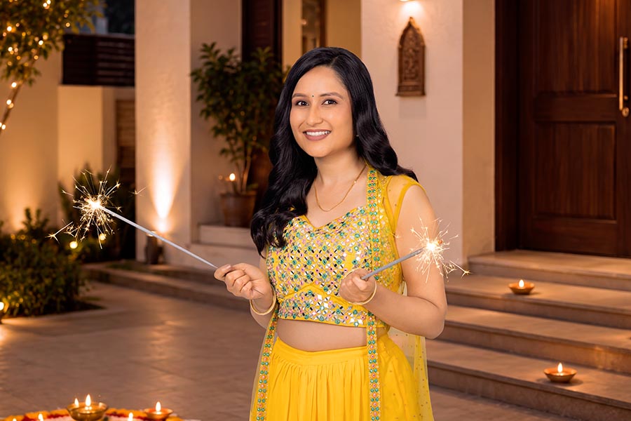Young Indian woman celebrating Diwali with sparkling fireworks outside decorated home