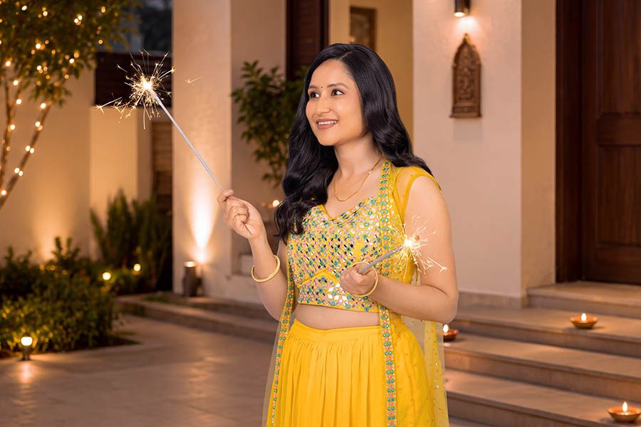 Indian woman enjoying festive sparkler during Diwali celebration at home