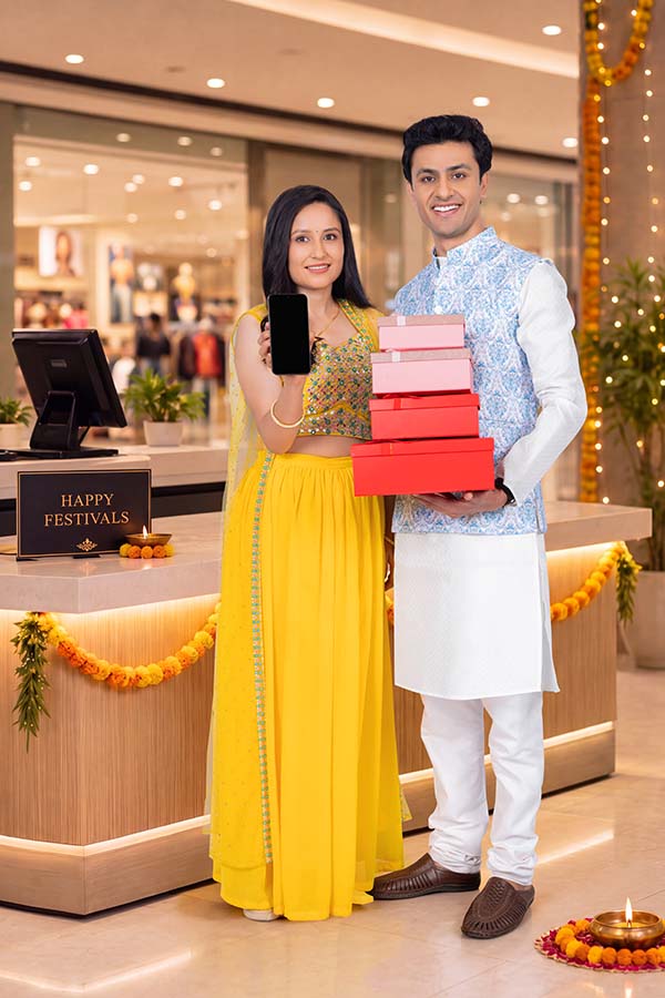 Indian couple promoting festive shopping and digital payment
