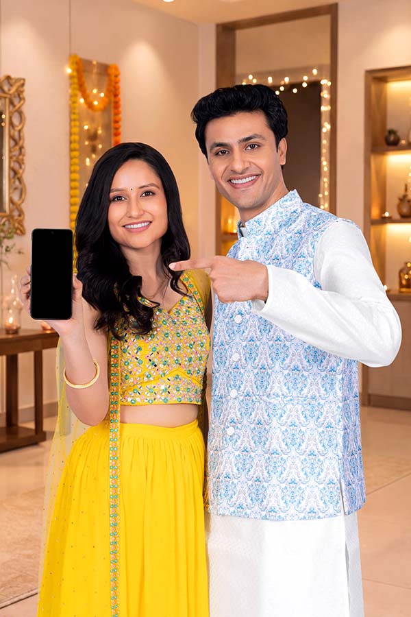 Indian couple displaying smartphone for Diwali digital payment campaign