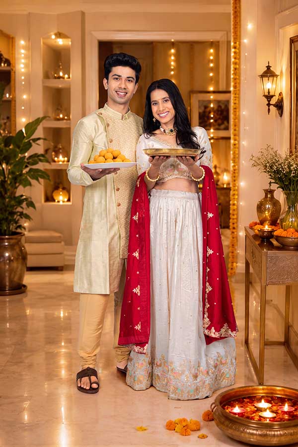 Indian couple holding festive sweets and Diwali puja thali