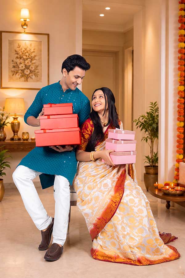 Indian couple carrying gift boxes during Diwali celebration at home