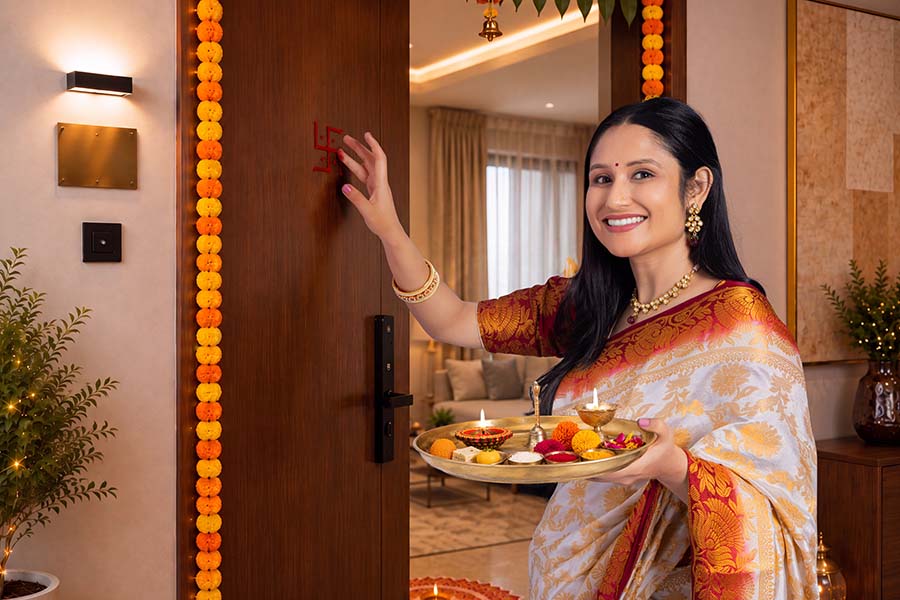 Indian woman decorating entrance with Swastik and puja thali