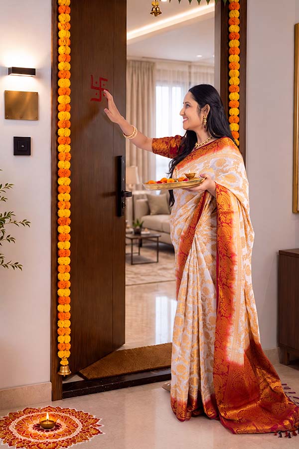 Indian woman performing doorway ritual during festival