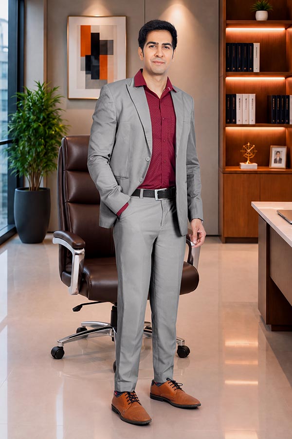 Indian businessman standing confidently beside an executive office chair