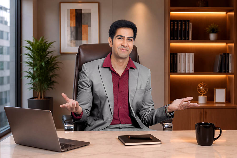 Indian businessman explaining an idea while seated at office desk