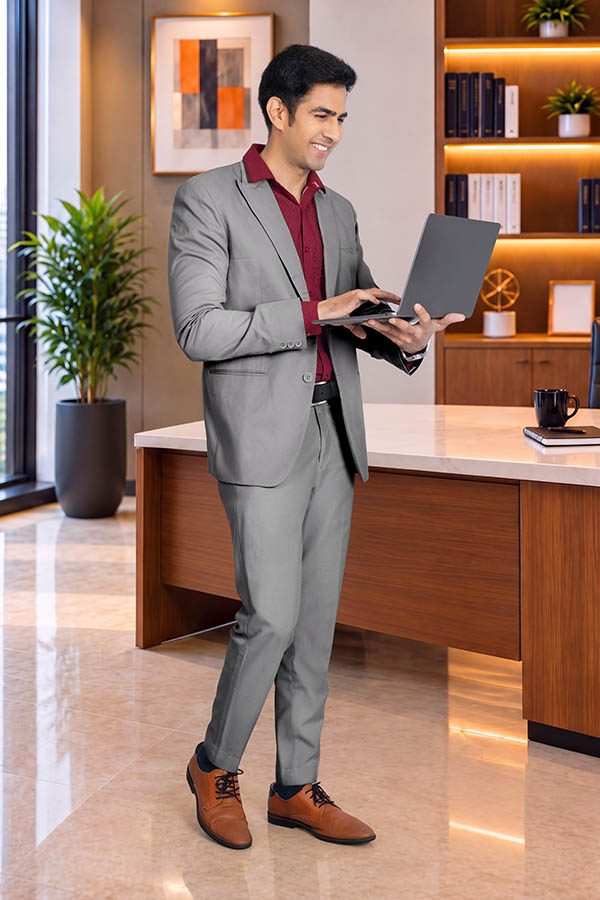 Male business professional working on laptop while standing in modern office