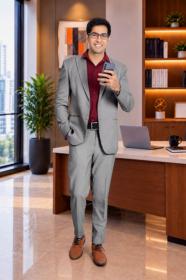 Male professional wearing glasses and checking smartphone at office