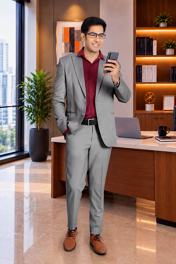 Confident male executive reading smartphone beside office desk