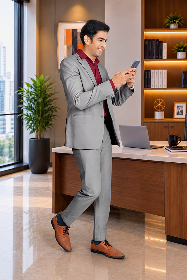 Male business professional smiling while using smartphone in office