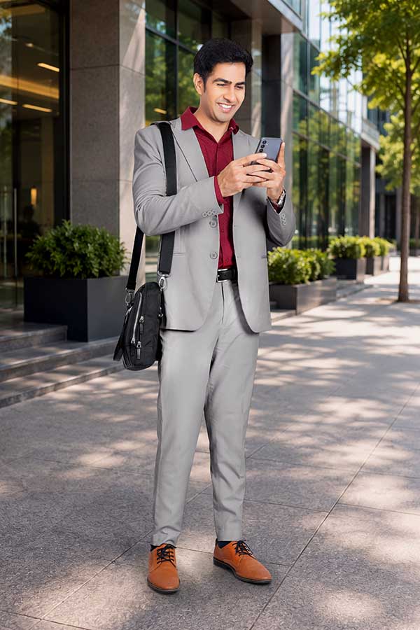 Male professional using smartphone while standing outside modern office building