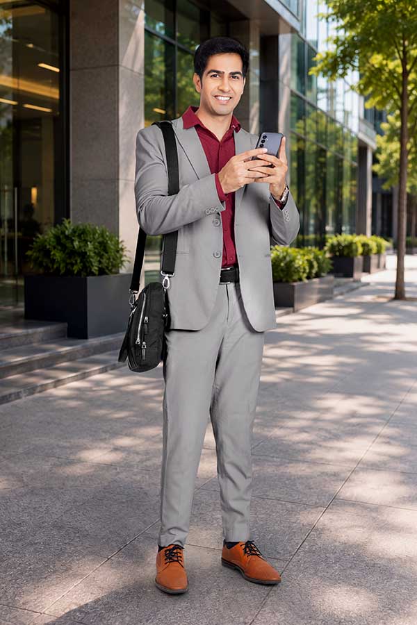 Smiling male businessman checking smartphone outside corporate office