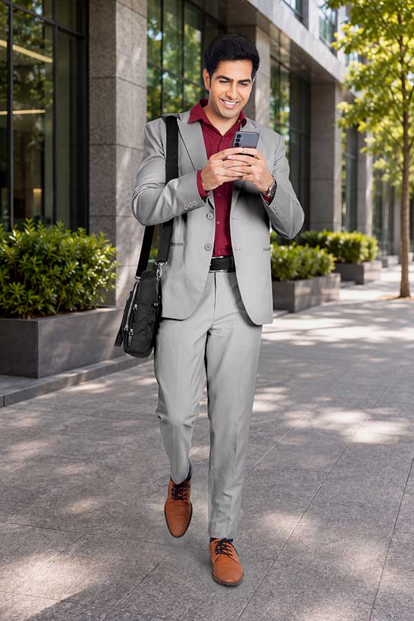 Male executive smiling while reading smartphone on urban office walkway