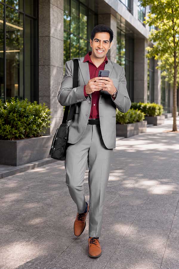Male business professional walking and using smartphone outside office building