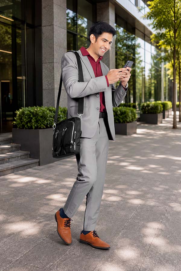 Male professional checking smartphone while walking along modern office exterior