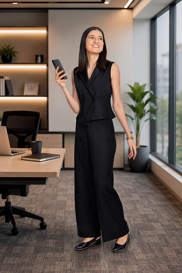 Smiling female executive holding smartphone in modern office workspace