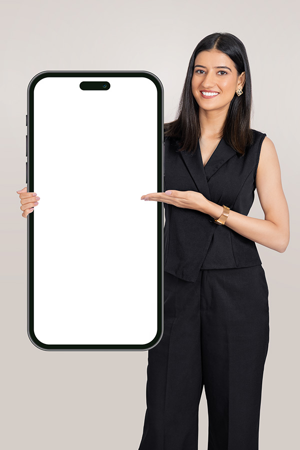 Indian businesswoman presenting smartphone with blank screen