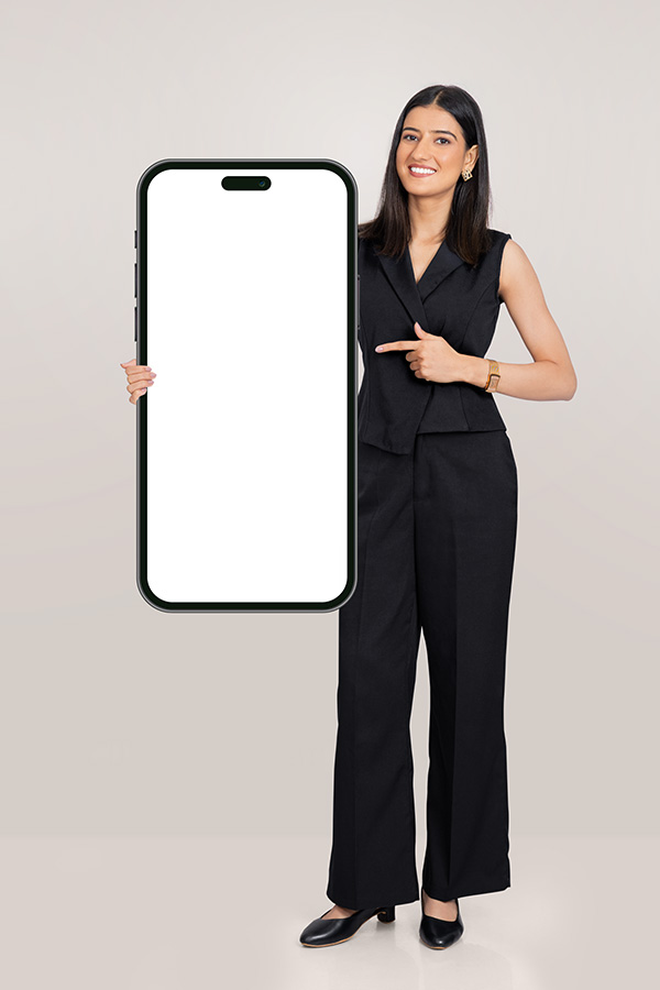 Indian businesswoman pointing at blank smartphone screen for digital promotion