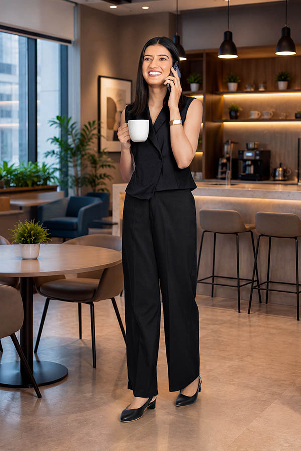 Smiling female professional talking on smartphone while holding coffee mug in office