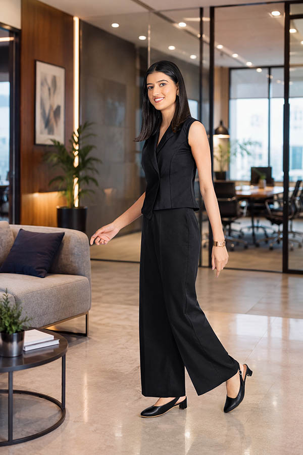 Smiling female professional walking through modern office lounge